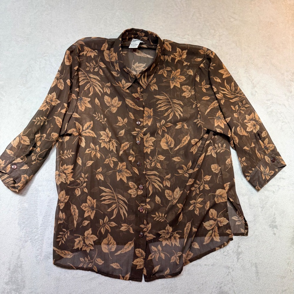 Vintage Brown Sheer Leaf Print Button Down‎ Blouse Metallic Stripe Petite Medium